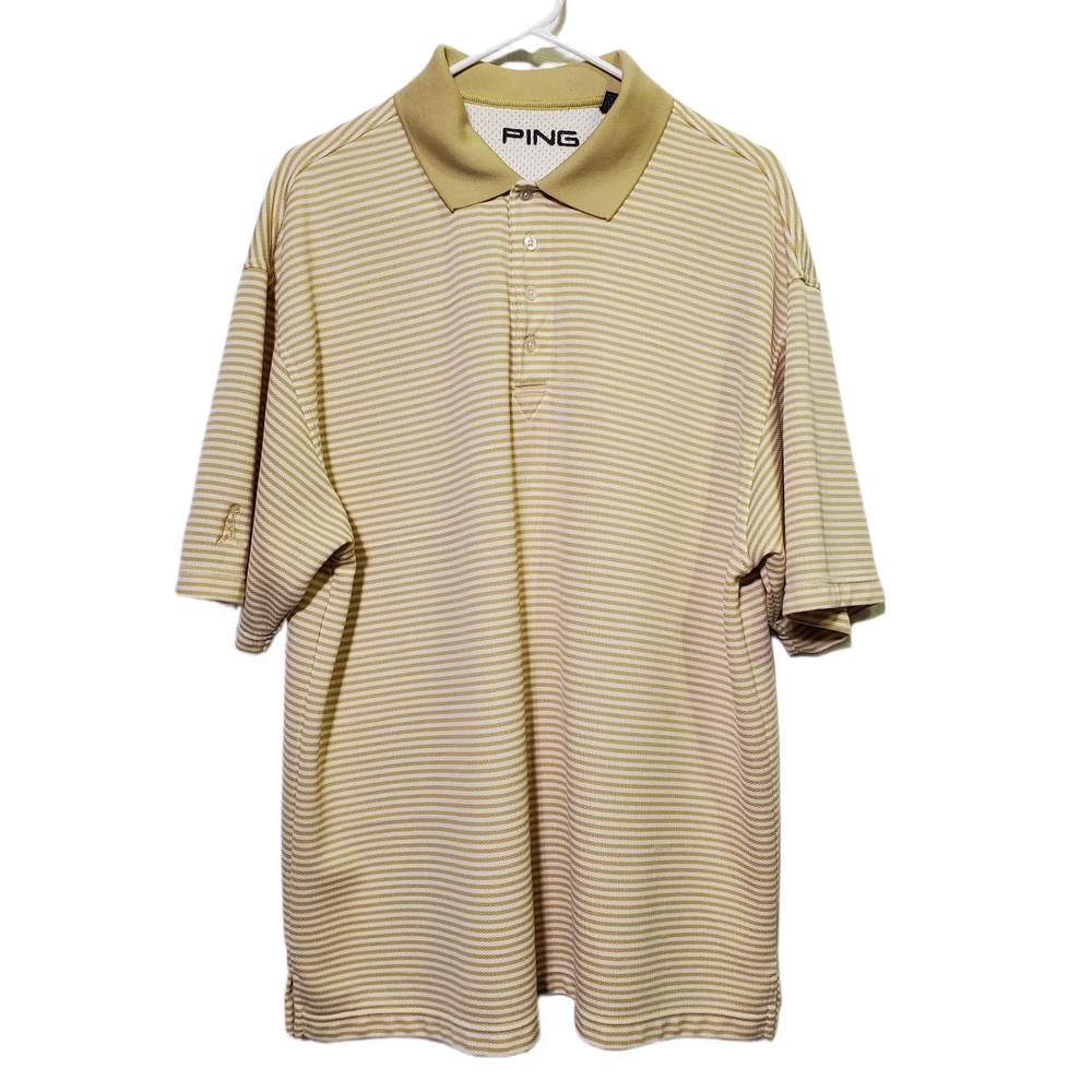 90s PING Polo Golf Shirt Beige Striped Collared Athletic Sporty Men Vintage Top